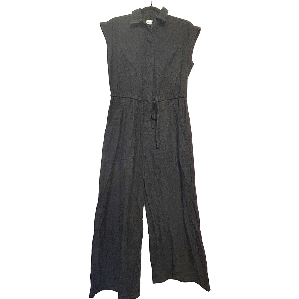 Women's Size 6 Black Linen Blend Utility Sleeveless Jumpsuit Button Tie elastic